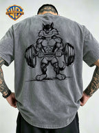 Warner Bros Official Hand-Drawn Line Art Big Silly Cat Print Washed Distressed T-Shirt, Men's 100% Pure Cotton Fabric, Casual and Comfortable Style, Loose Fit Breathable Short Sleeve Men's Casual Top, Distressed Washed Loose Fit - Grey