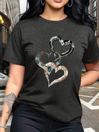 Emotion and Love" Representative, Metallic Art Heart Print Trendy Fashion, Simple Round Neck Casual Versatile Short Sleeve Women's T-Shirt for Leisure, Travel, and Vacation - Dark Gray