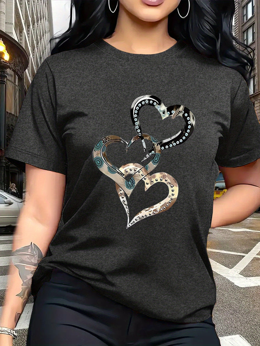 Emotion and Love" Representative, Metallic Art Heart Print Trendy Fashion, Simple Round Neck Casual Versatile Short Sleeve Women's T-Shirt for Leisure, Travel, and Vacation - Dark Gray