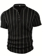 Men's Fashion Top, Spring/Summer Outdoor Casual Striped Sporty Single-Breasted Short-Sleeve Henley Shirt - Black