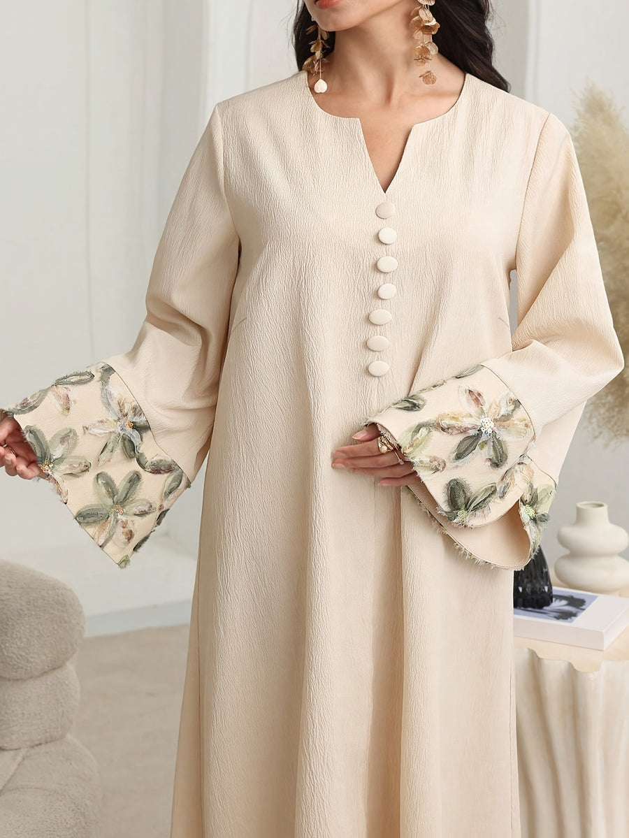 Women'S Solid Color Long Sleeve Printed Mesh Elegant Arabic Style Dress - Apricot
