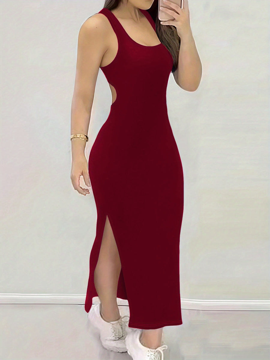A New Summer Solid Color Sexy Dress for Women, Featuring a Deep V-Neck And a Crisscross Back Tie Design, Tailored to Be Slim-Fitting And Create a Stunning Backless Look - Burgundy