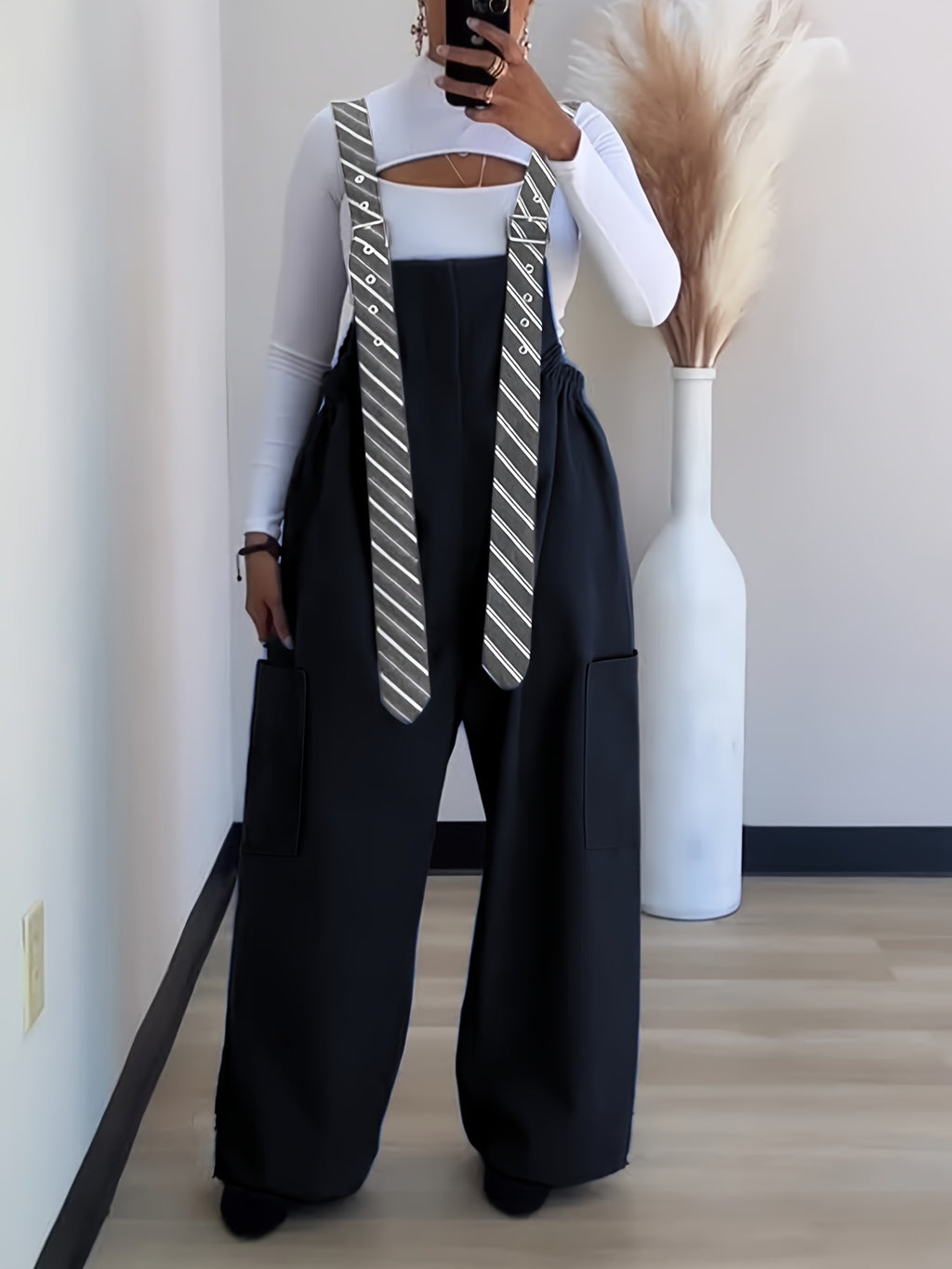 2026 New Women'S Loose Strappy Wide-Leg Pants, Age-Reducing, Versatile Casual Jumpsuit, Casual Striped Jumpsuit/Apron Pants - Deep Blue