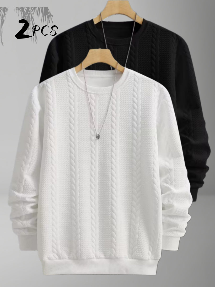 2pcs Men's Trendy Fashion Crew Neck Sweatshirt, Casual Streetwear Sweatshirt, Simple Style Long Sleeve T-Shirt, Sporty Long Sleeve Sweatshirt, Men's Casual Apparel - White+black