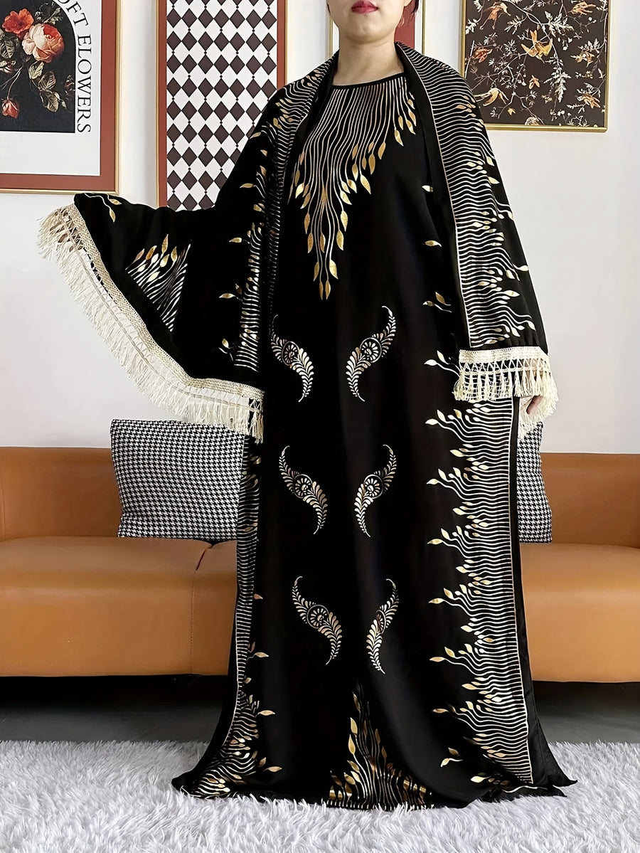 Women's Pattern Robe with Beige Tassel Set, Arabic Luxury Abaya, Headscarf, Elegant Round Neck Dress, Short Sleeve Style - Beige Color