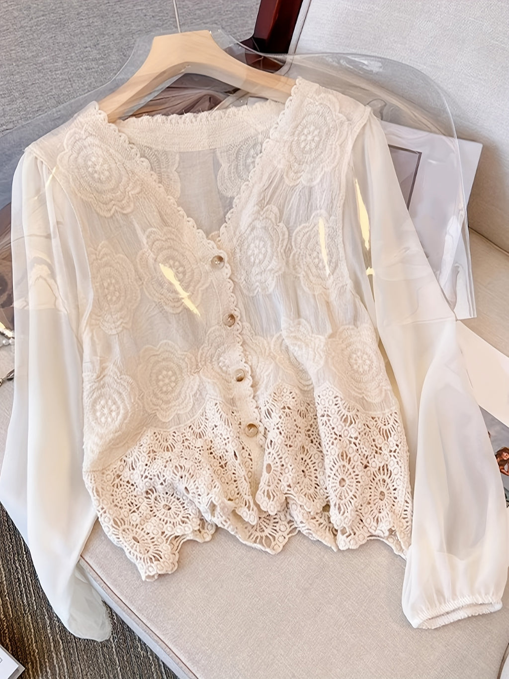 Women's Floral Lace Blouse - Elegant V-Neck Button-Up Shirt with Bell Sleeves, Machine Washable Women's Top for Wedding, Garden Party, Everyday - Boho Chic Blouse for Spring/Summer Outfits, Wedding Guest Outfit, Romantic Design, Intricate Embroidery - Apricot