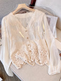 Women's Floral Lace Blouse - Elegant V-Neck Button-Up Shirt with Bell Sleeves, Machine Washable Women's Top for Wedding, Garden Party, Everyday - Boho Chic Blouse for Spring/Summer Outfits, Wedding Guest Outfit, Romantic Design, Intricate Embroidery - Apricot