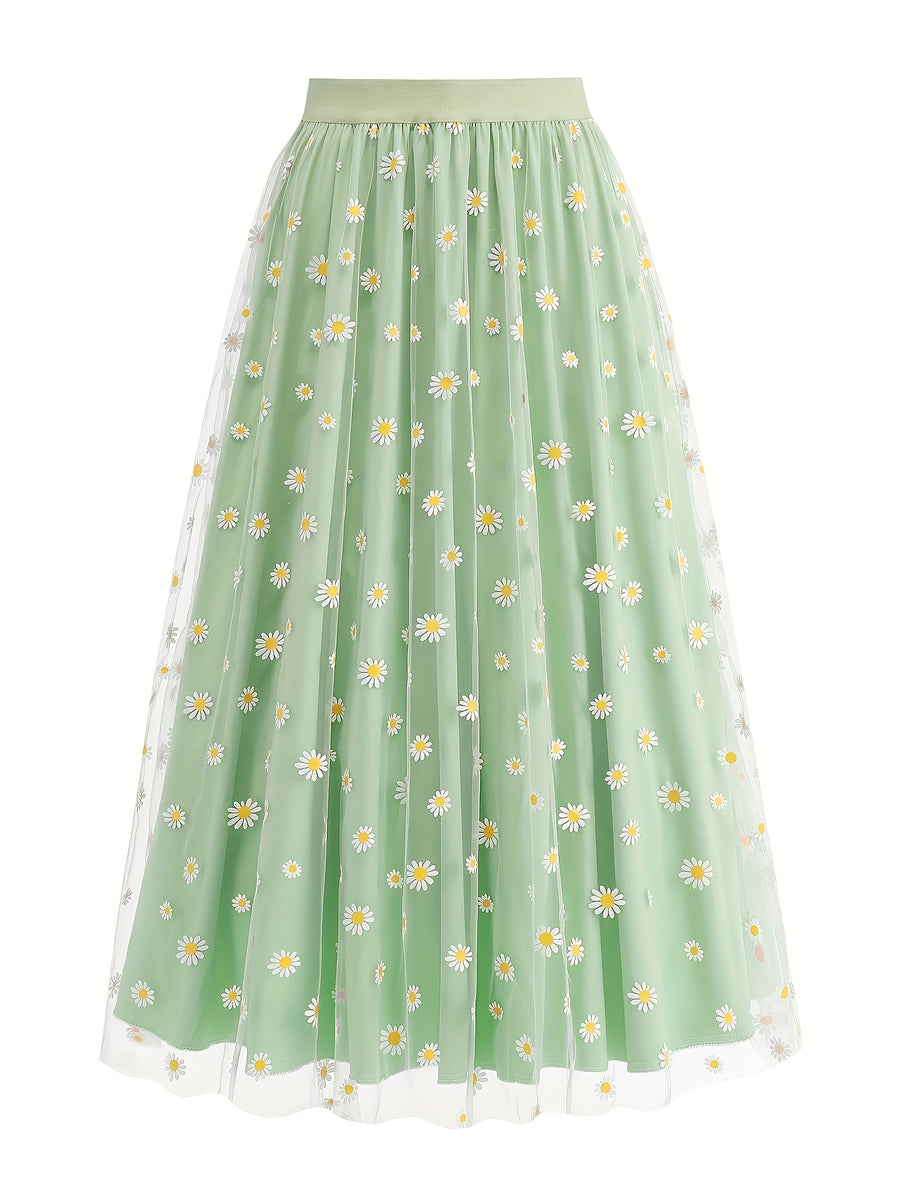 Elegant Chiffon Vacation Skirt with Small Chrysanthemum Print for Women - Light Green