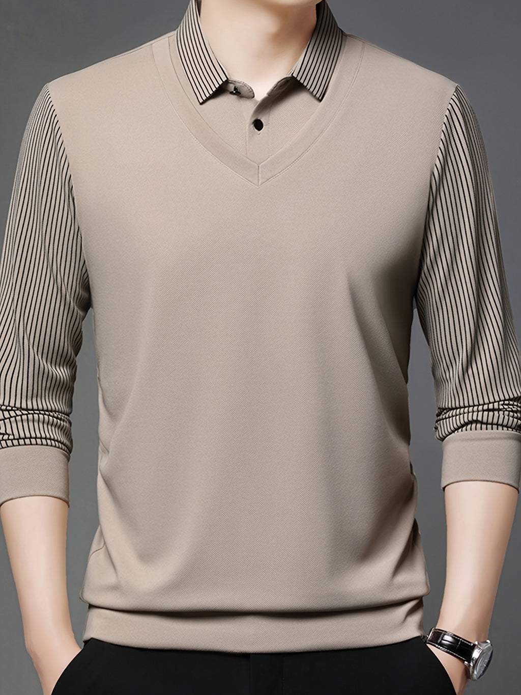 Men'S Shirt Collar Faux Two-Piece Polo Sweater, Suitable for Middle-Aged Men, Commute And Business Gatherings - SINBOS, Knit - Khaki