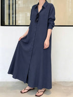 Women'S Button-Up Shirt Dress, Long Sleeve with Pockets, Spring Blouse Collar Autumn Dress - Navy Color