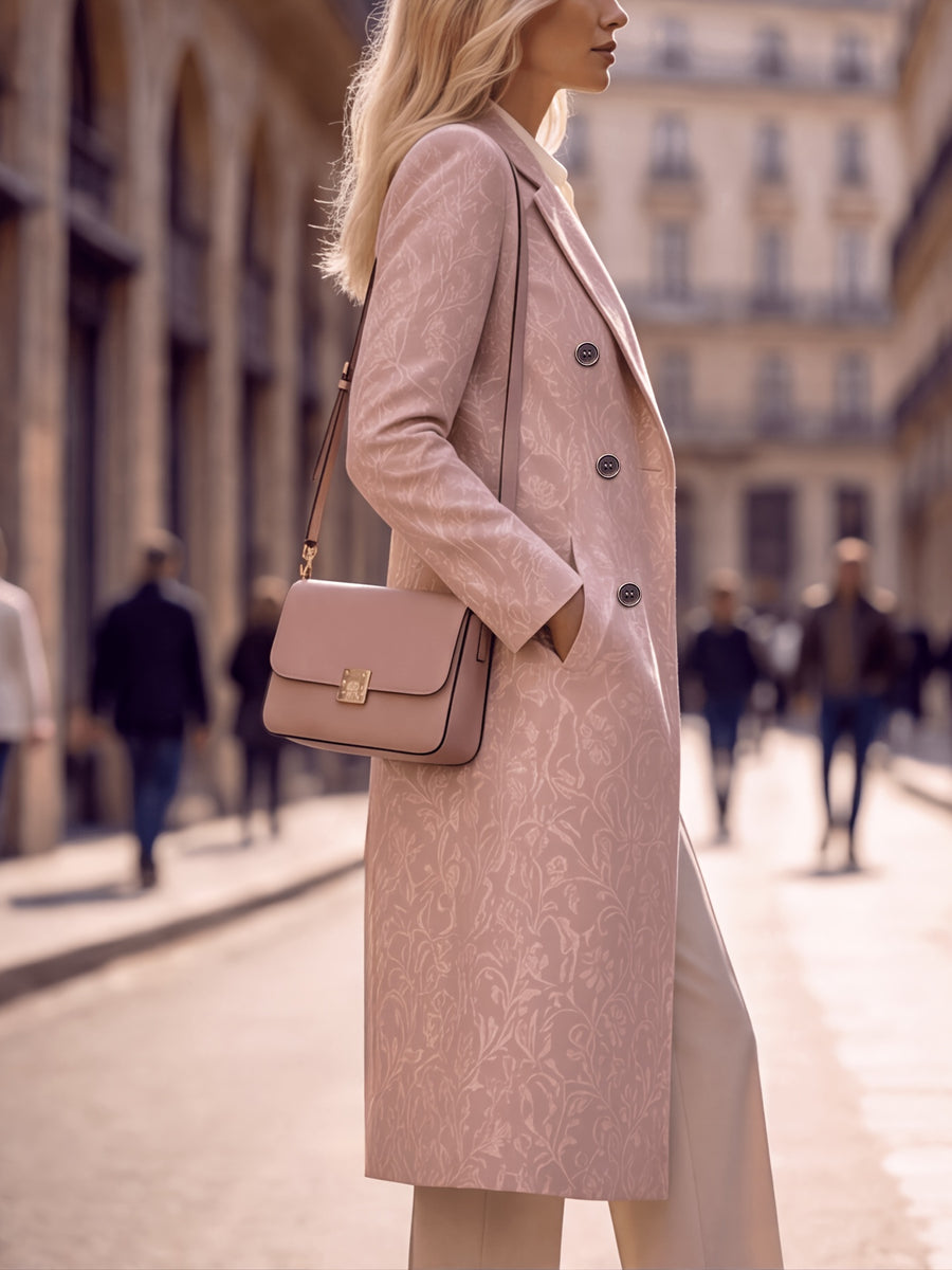 Women'S Spring Autumn New Vintage Printed Long Blazer, Double-Breasted Coat with Lining And Pockets - Sakura Pink
