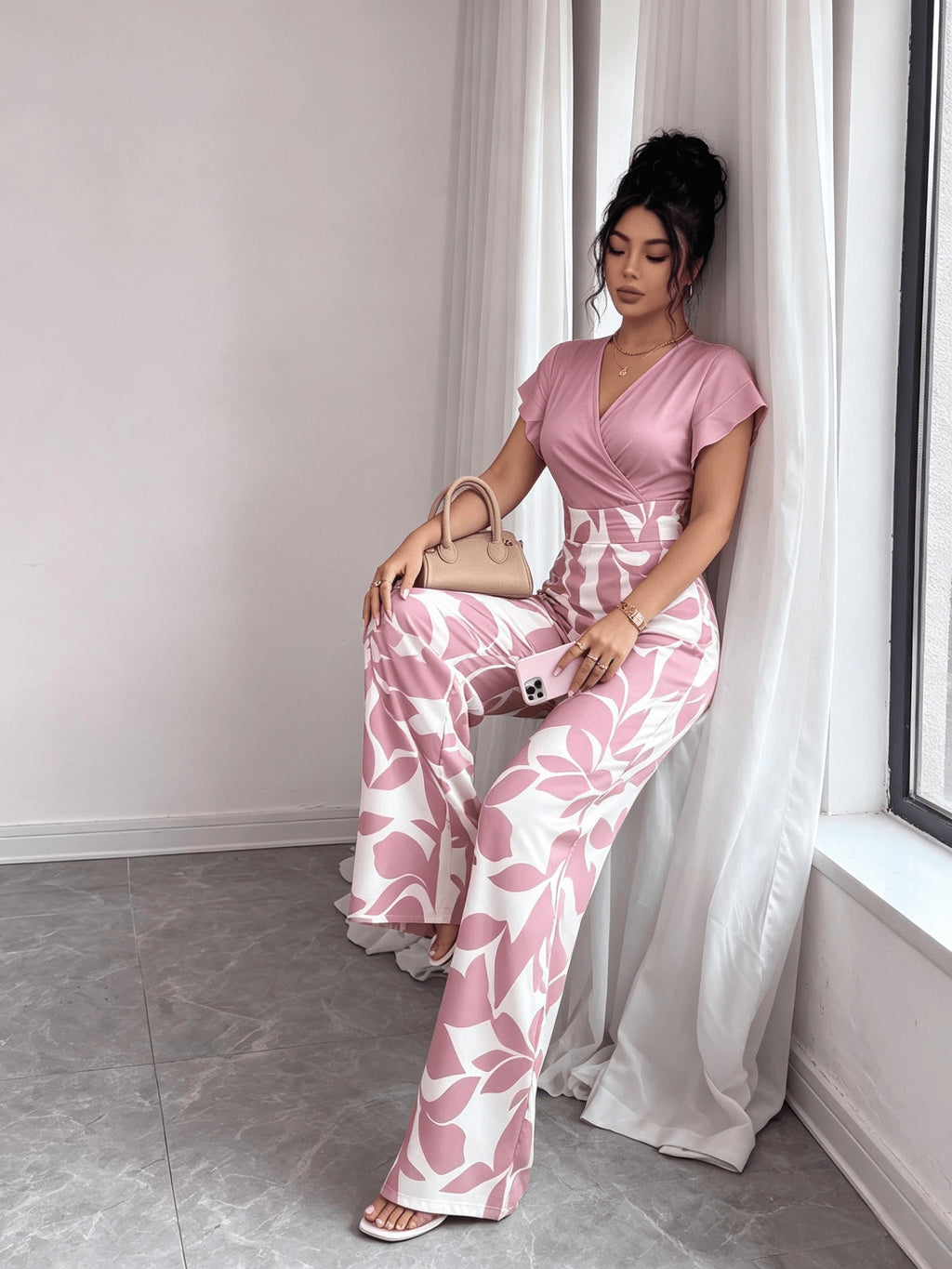 New Elegant Fashion Printed V-Neck Waist Stitching Contrast Color Jumpsuit - Mixed colors