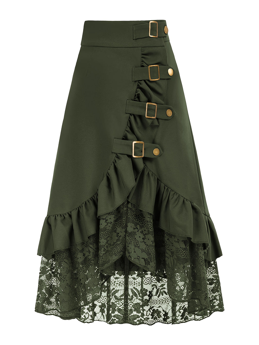Fashion Gothic Mini Skirt Lace Patchwork Ruffled Solid Color Pirate Skirt - Olive Green