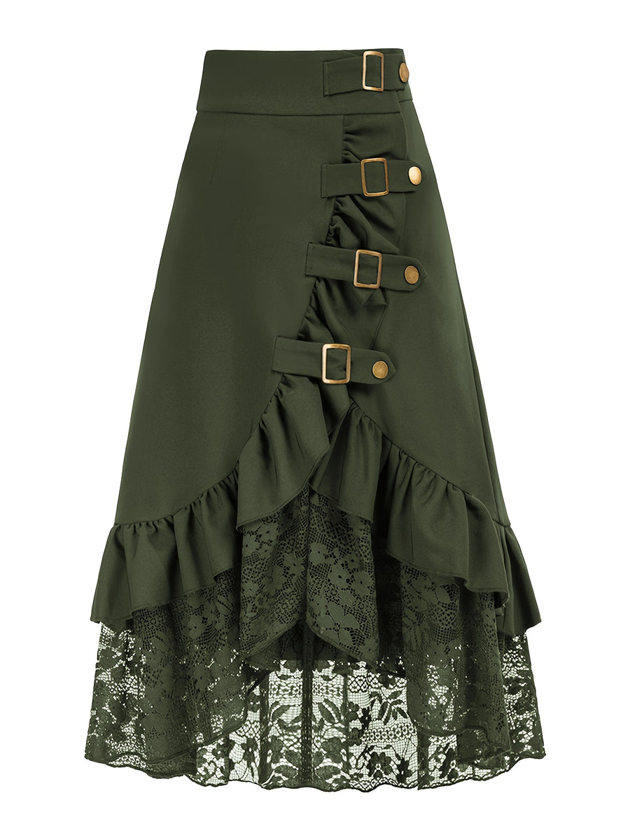 Fashion Gothic Mini Skirt Lace Patchwork Ruffled Solid Color Pirate Skirt - Olive Green
