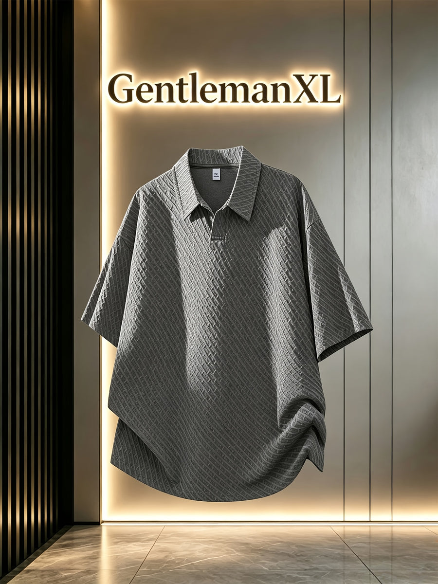 Men's Summer Fiber Fabric Lapel Short-Sleeve Polo T-Shirt, Streetwear Brand Diamond Check Casual Top - Grey