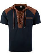 Men'S Plaid Knit Contrast Trim Hooded Sweatshirt - Short Sleeve Button-Up V-Neck Top with Chest Pocket, Vintage Street Style, for Everyday Wear - Navy Color