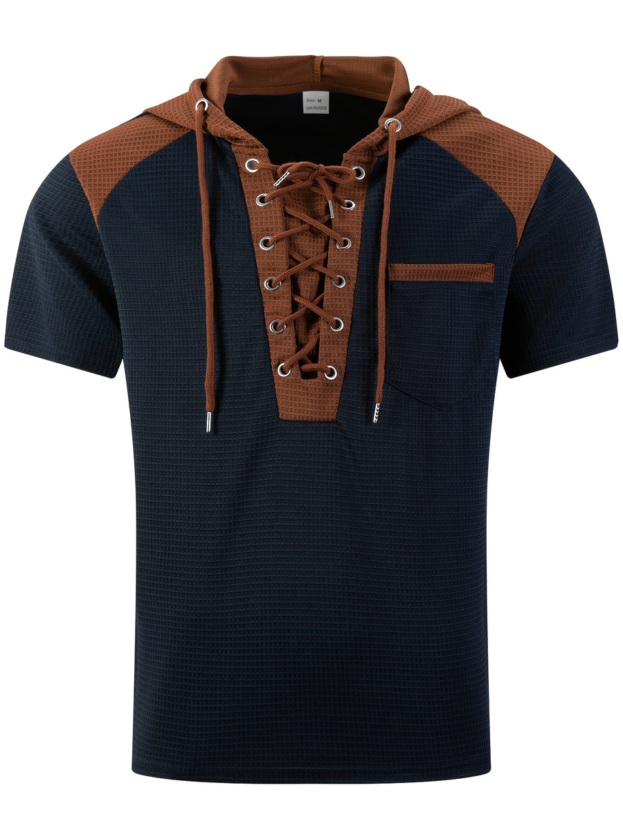 Men'S Plaid Knit Contrast Trim Hooded Sweatshirt - Short Sleeve Button-Up V-Neck Top with Chest Pocket, Vintage Street Style, for Everyday Wear - Navy Color