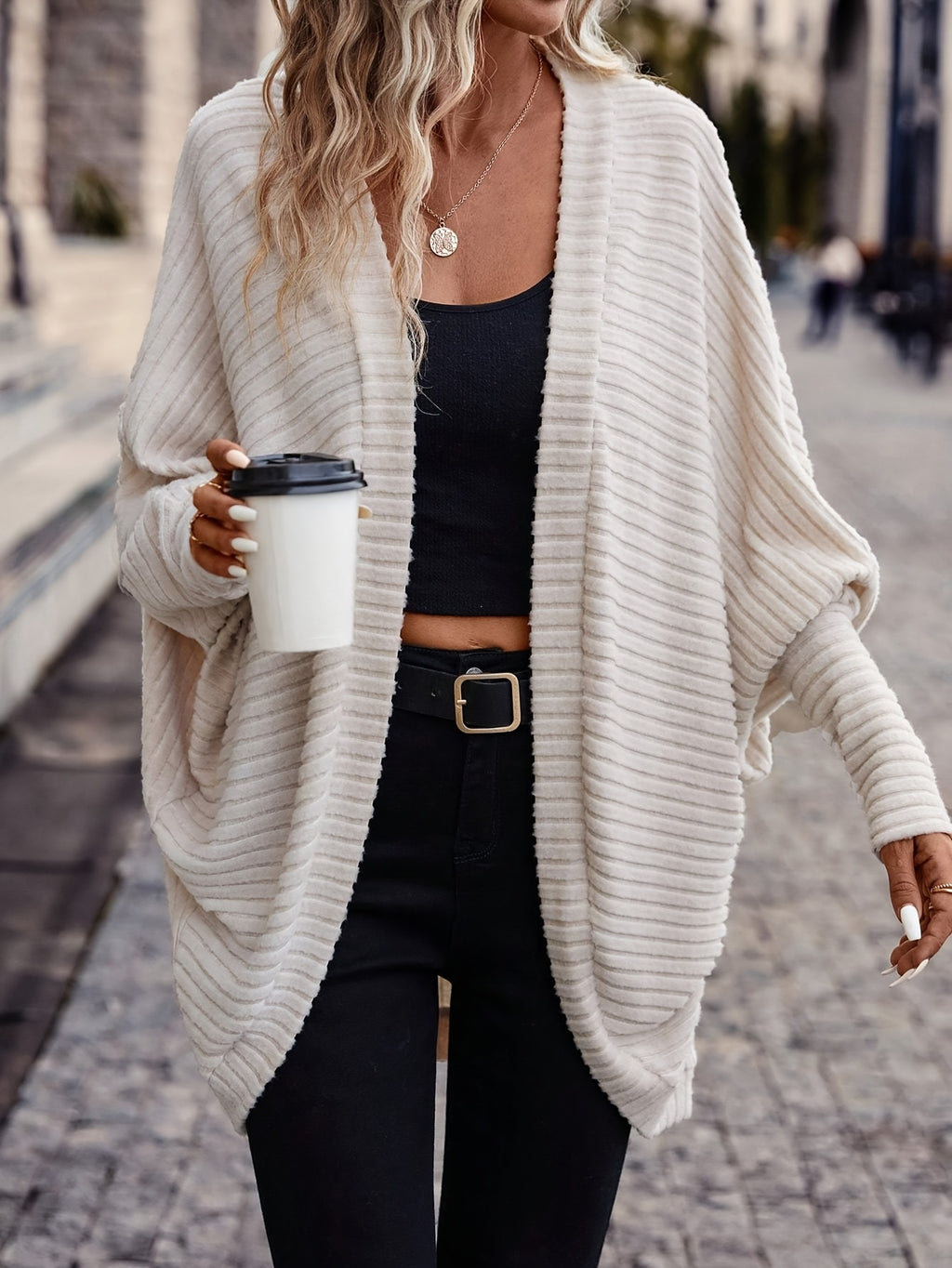 Elegant And Solid Color Batwing Sleeve Open Front Casual Jacket, Autumn - Apricot