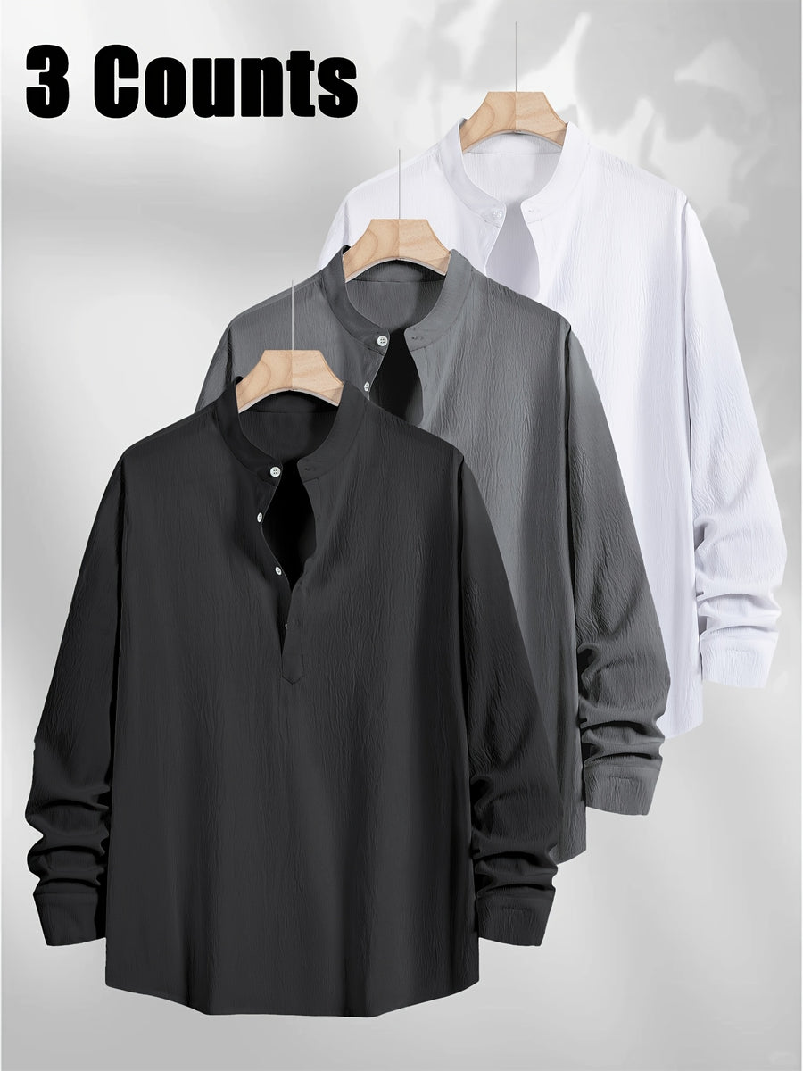 3pcs Men's Textured Slim-Fit Vacation Shirts - Long Sleeve & Short Sleeve Multi-pc, Stand Collar Button- Cuff Shirt Convertible to Short Sleeve, Breathable All-Season Hawaiian Casual Shirt Lightweight, Fashionable Minimalist for Beach Travel Vacation - Black+Dark Grey+White