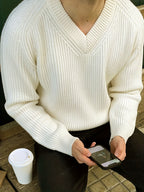 Autumn Winter New Men'S Casual Loose All-Match V-Neck Shoulder Patch Long Sleeve Pullover Sweater - Apricot