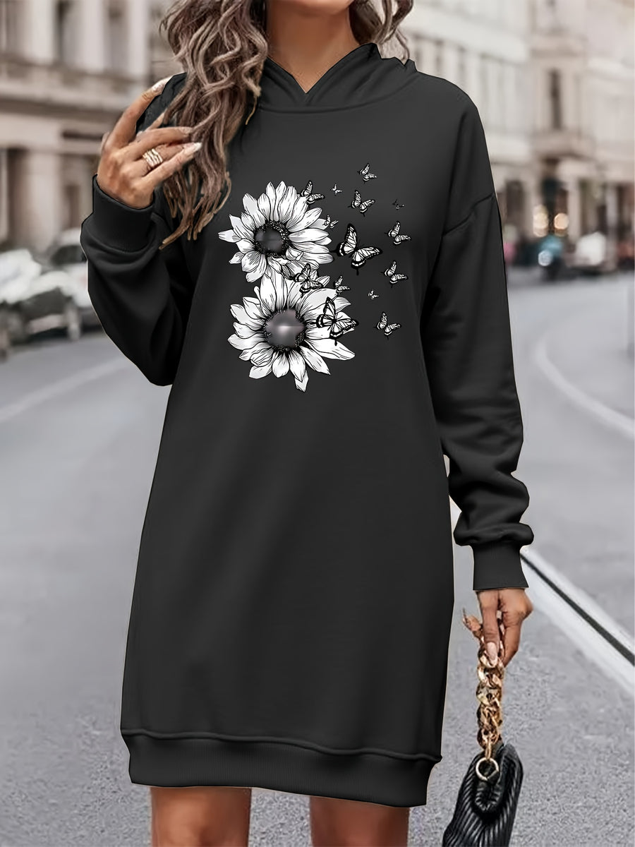 Women'S Fashion Letter Print Hooded Sweatshirt Dress Women'S Autumn And Winter High-End Fashionable Street Style Age-Reducing Fleece Color-Blocking Hooded Sweatshirt Casual Top Casual Versatile Hoodie Jacket Pullover Long Sweatshirt Elegant - Black