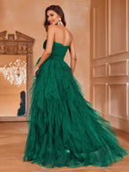 Romantic Strapless Wedding Dress, Bridal Gown with Tiered Ruffled Tulle Skirt And A-Line Cut - Perfect for Classic Weddings, Graduation Gowns, Evening Receptions, Birthday Women'S Attire - Green