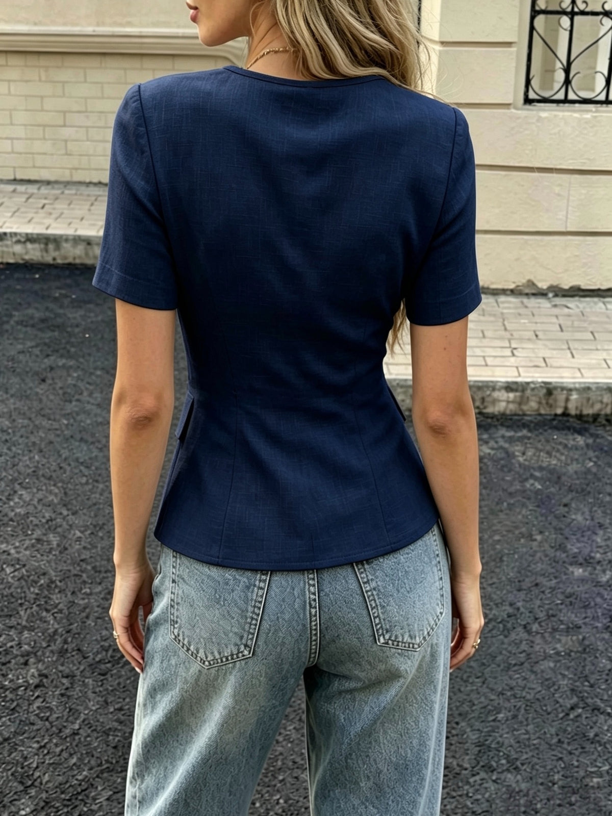 Women's Elegant Short-Sleeve Lightweight Jacket with Golden Buttons, Suitable for Work or Casual Wear, Short-Sleeve Top, Suit, Casual Style Shirt, Crew Neck Shirt, Short-Sleeve Shirt, Button-Front Shirt, Waist-Defined Shirt, Women's Dress Shirt - Navy Color