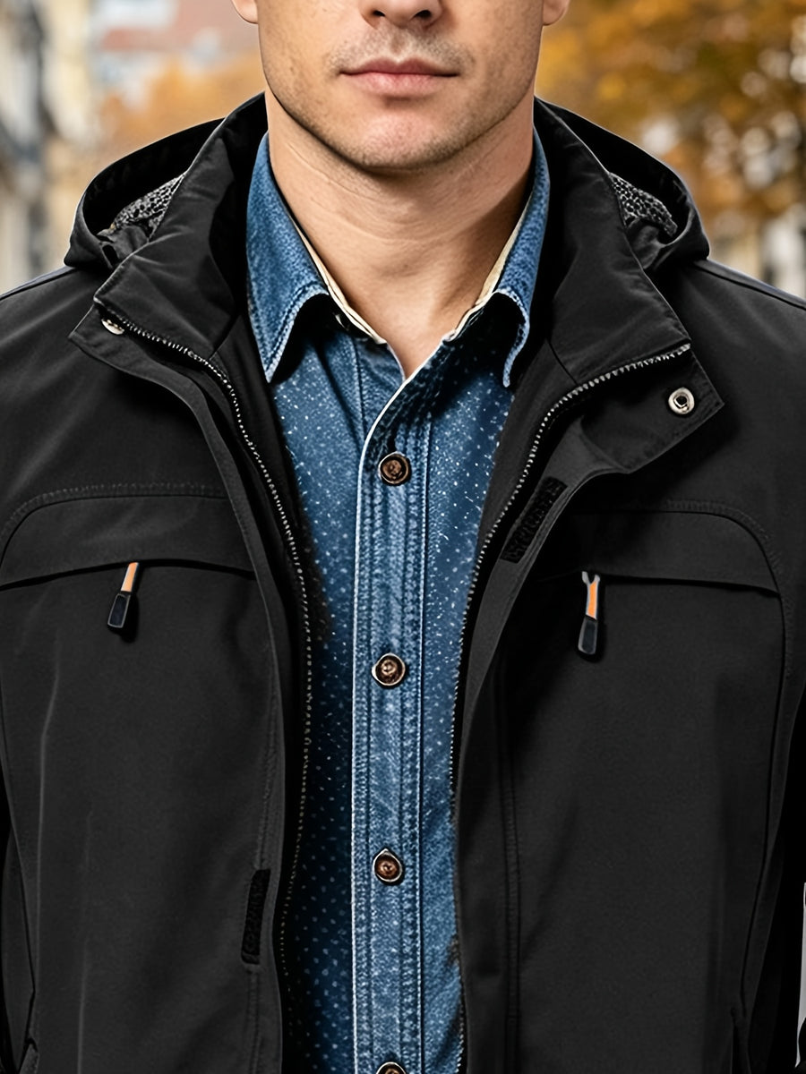 Men'S Drawstring Removable Hooded Utility Jacket, Wrinkle-Resistant Breathable Durable Woven Fabric, Fitted Short Length Spring Autumn City Commute Hiking Style, Autumn Street Outdoor Multi-Scene Wear, Orange Zipper Contrast Pocket - Black