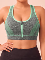 Plus Size Women'S Solid Color Wire-Free Front Zip Sports Bra, Gathering Fit Comfortable Breathable Casual Athletic Style, Suitable for Running, Fitness, Yoga, Outdoor Activities, And All Seasons - Green