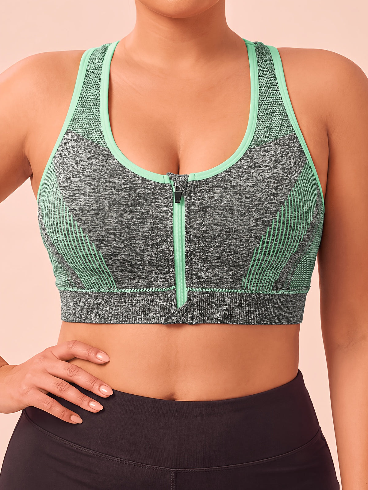 Plus Size Women'S Solid Color Wire-Free Front Zip Sports Bra, Gathering Fit Comfortable Breathable Casual Athletic Style, Suitable for Running, Fitness, Yoga, Outdoor Activities, And All Seasons - Green