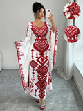 New Women's Fashion, Elegant Contrast Color Print Maxi Dress, Suitable for Dates and Vacations - Mixed colors