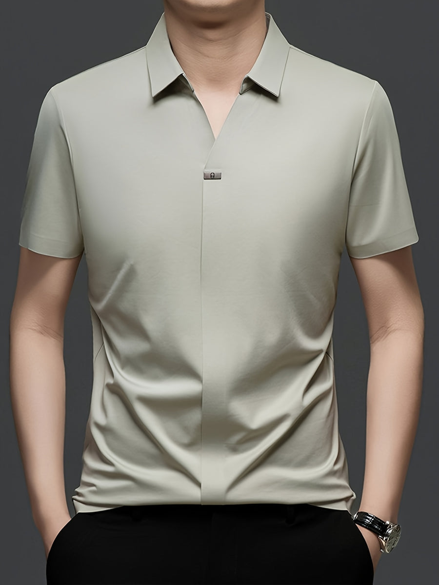 Summer New Men'S Short Sleeve Shirt Outerwear Fashion Trendy All-Match V-Neck Polo Collar - SINBOS - Beige Apricot