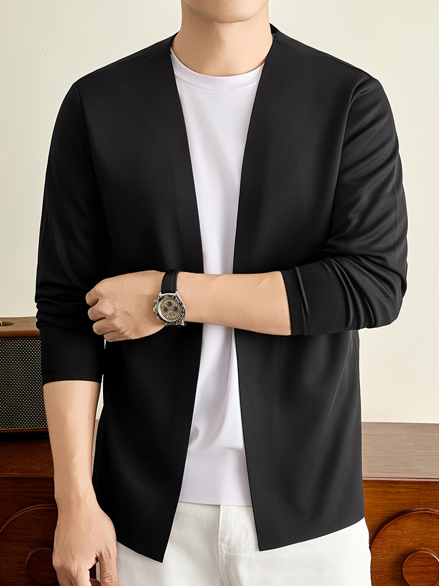 Men's Open Front Cardigan Long Sleeve V Neck Lightweight Solid Color Outerwear Casual Business Layering Jacket for Daily Wear - Black