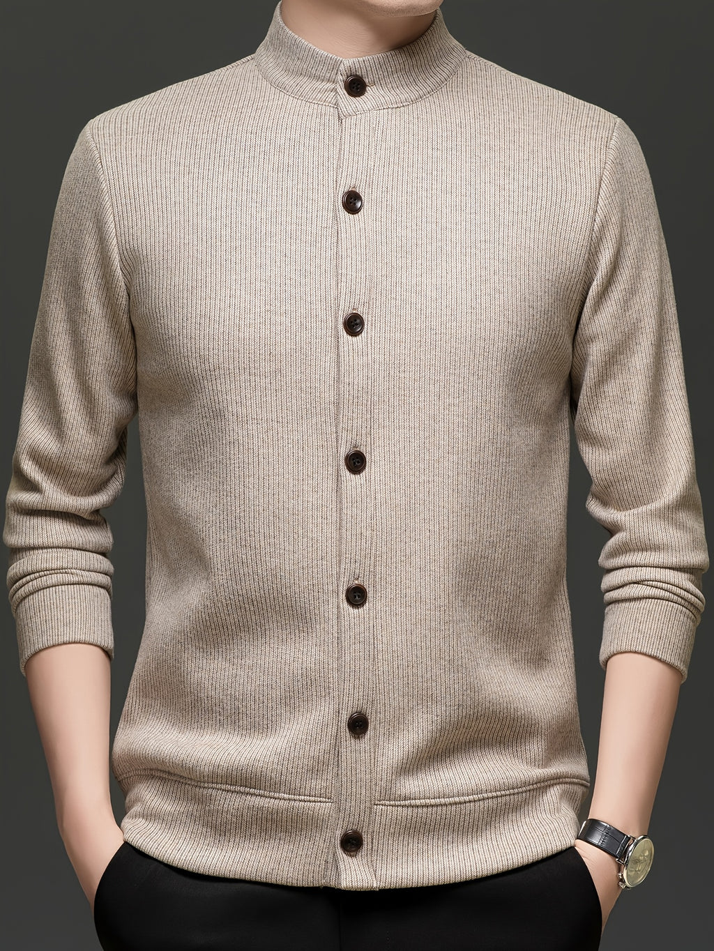 Men'S Stand Collar Knit Cardigan Fleece Thickened Jacket Casual Vertical Stripe Button-Up Top - Khaki