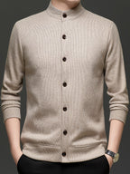 Men'S Stand Collar Knit Cardigan Fleece Thickened Jacket Casual Vertical Stripe Button-Up Top - Khaki