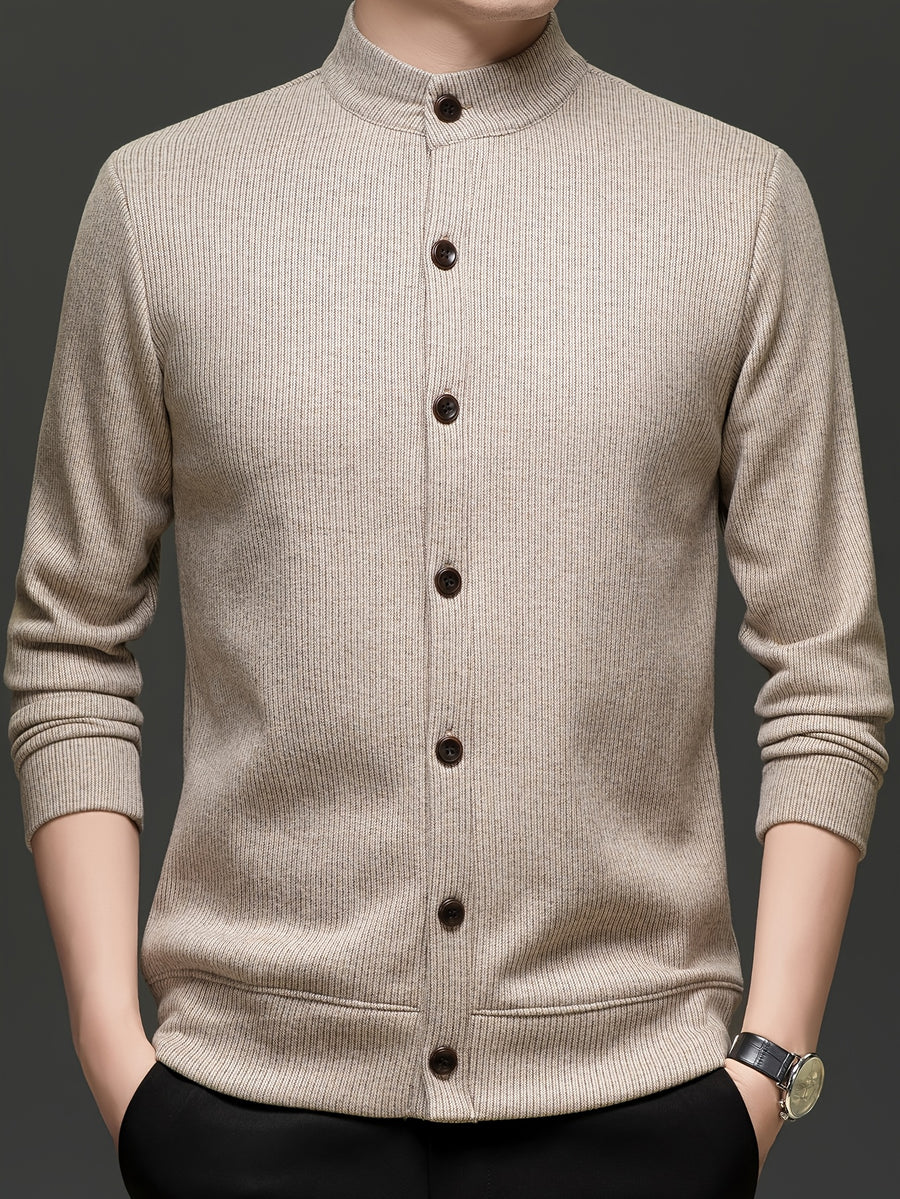 Men'S Stand Collar Knit Cardigan Fleece Thickened Jacket Casual Vertical Stripe Button-Up Top - Khaki