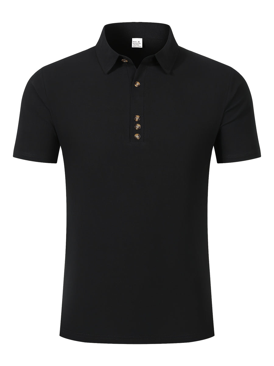 Men'S Solid Short Sleeve Polo Shirt, Slim Fit Lapel Business Casual Solid Top, Summer Easy Fashion Men'S Wear for Pool Parties, Beach Vacations, Ideal Gift for Beachwear, Daily Commute, Casual Lazy Style - Black