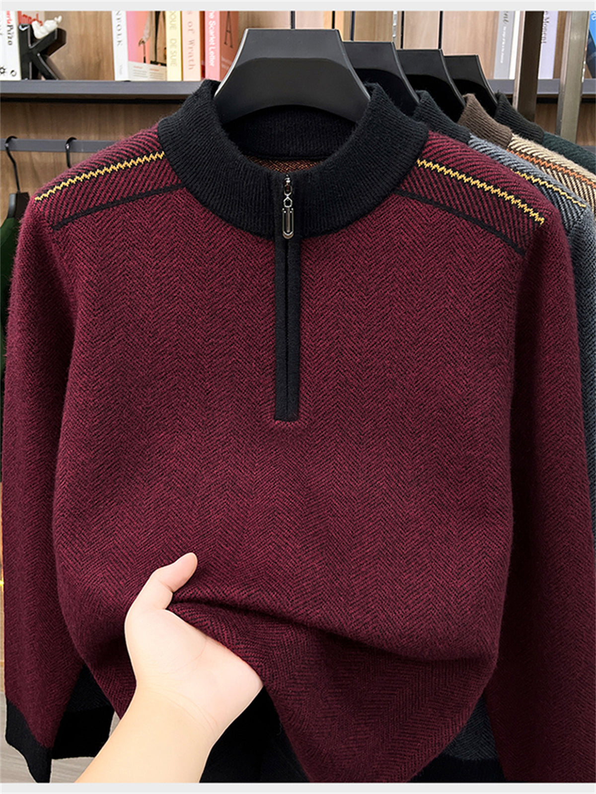 Autumn Winter Knit 3D Solid Round Neck Half-Zip Sweater, Basic Knit Pullover Top for Men, Fashionable Long Sleeve ZYR - Burgundy color