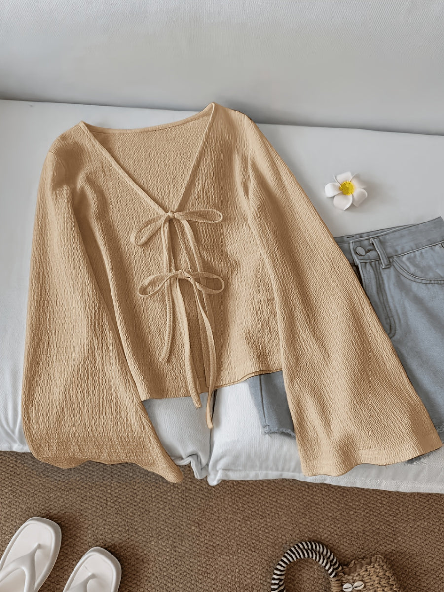 Solid Color Front-Tie Bow Open-Front Fashion Flared Sleeve Blouse New Women'S Short Top - Khaki