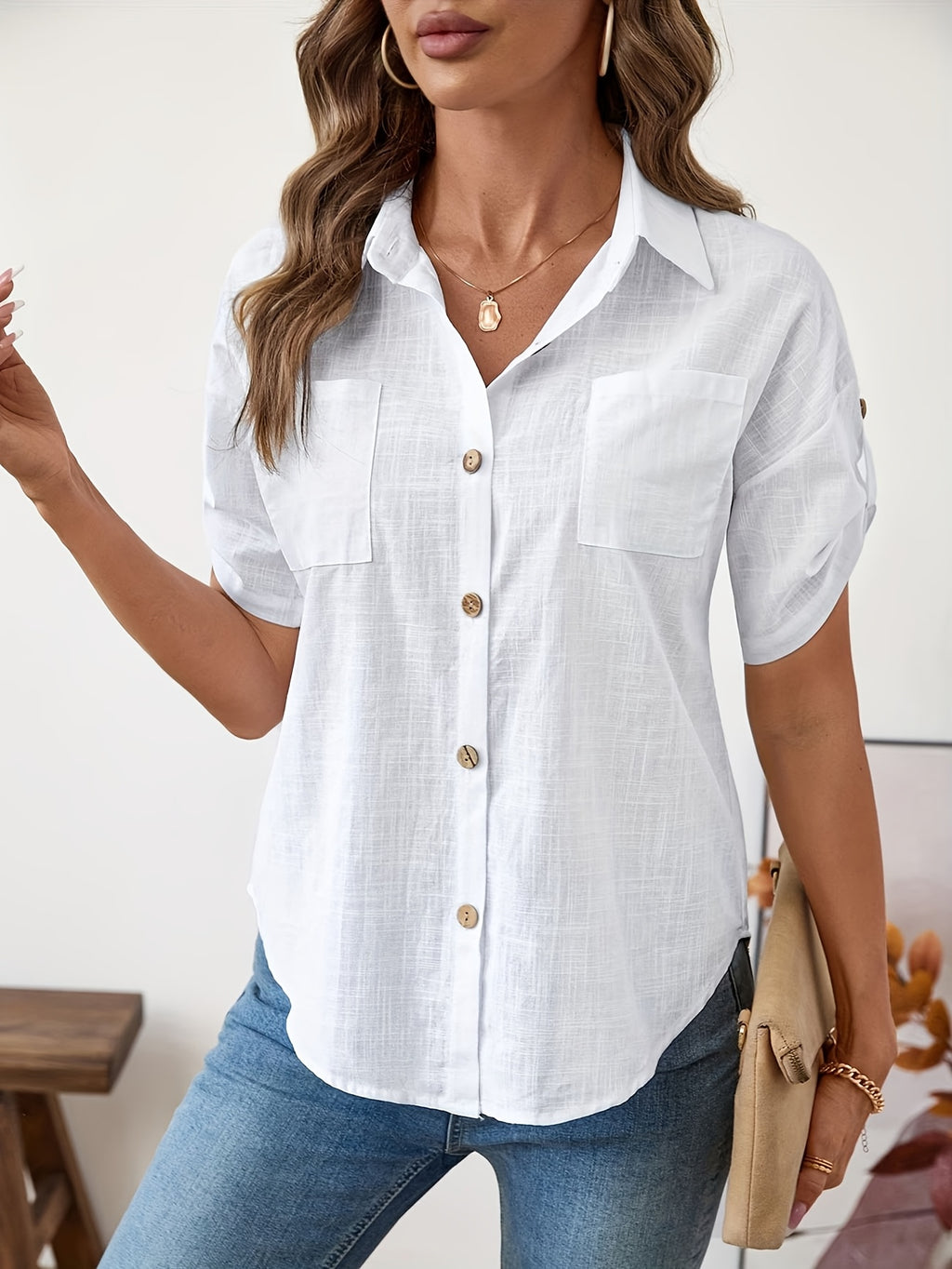 Women's Solid Color Fashion Bamboo Joint Pocket Shirt - White
