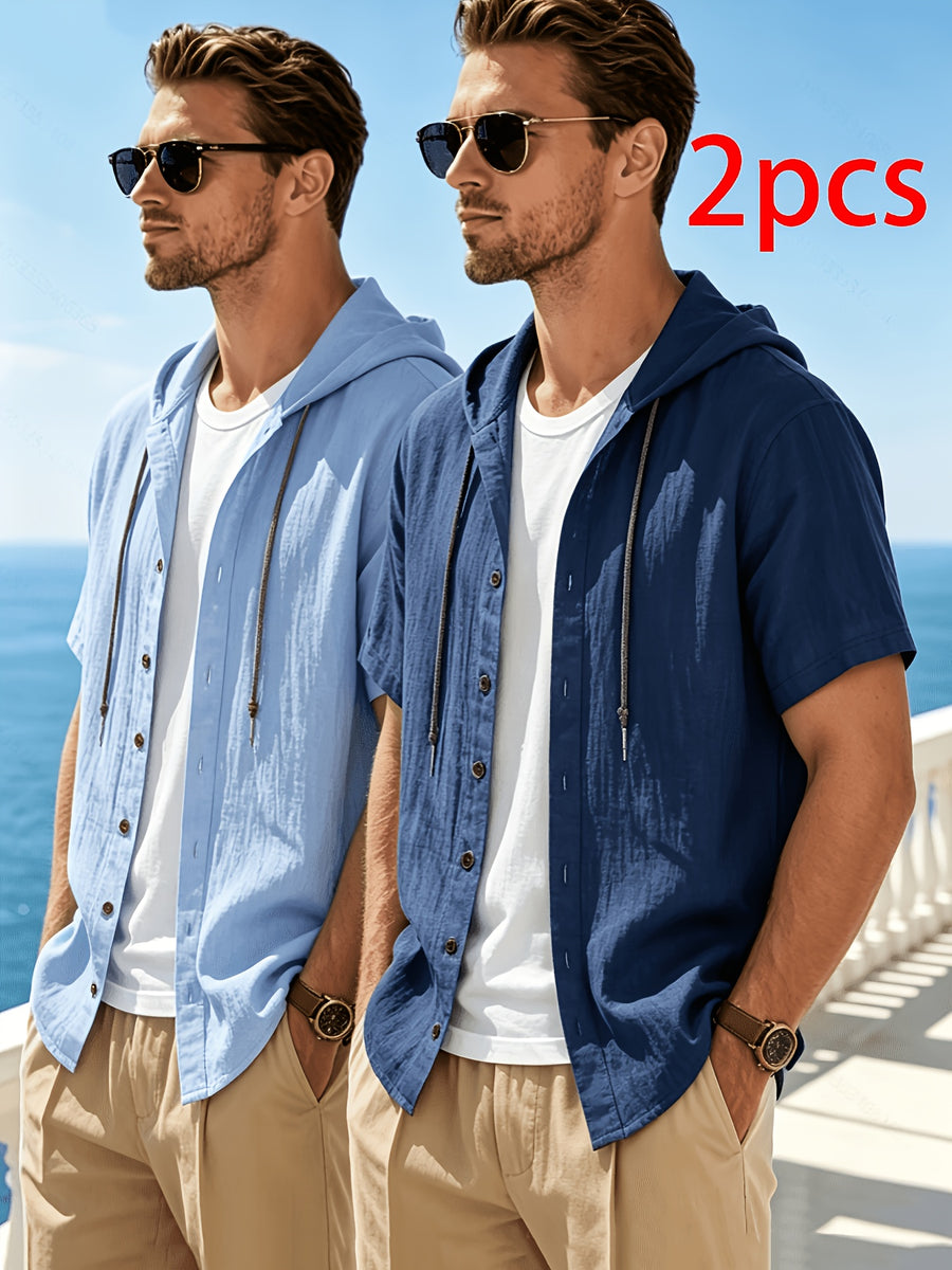 Men's 2pcs Short-Sleeve Hoodie Shirt, Regular Fit, Lightweight Open Cardigan, Vacation Casual Top - Navy Blue+Sky Blue