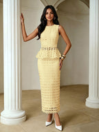 French Hollow-Out Lace Spliced Camisole Top And Straight Midi Skirt 2pcs Set, Elegant Women'S Wear for Daily Commute And Dating - 【Light Yellow】