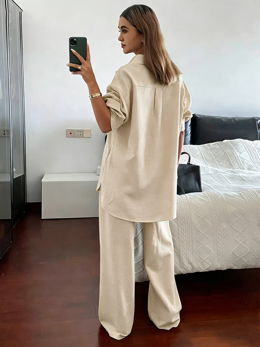 Women'S Spring Autumn Elegant Casual Loose Comfortable Solid Color Shirt Top And Straight Long Pants 2pcs Set - Apricot
