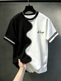 [Printed Design - Non-Textured] Men'S Casual Round Neck T-Shirt, Geometric Pattern Patchwork Striped Design, KING Word Pattern, Drapey Fashion Top, All-Season Wear, Breathable Regular Fit for Casual And Formal Outfits - Round Neck Casual Top - Mixed colors