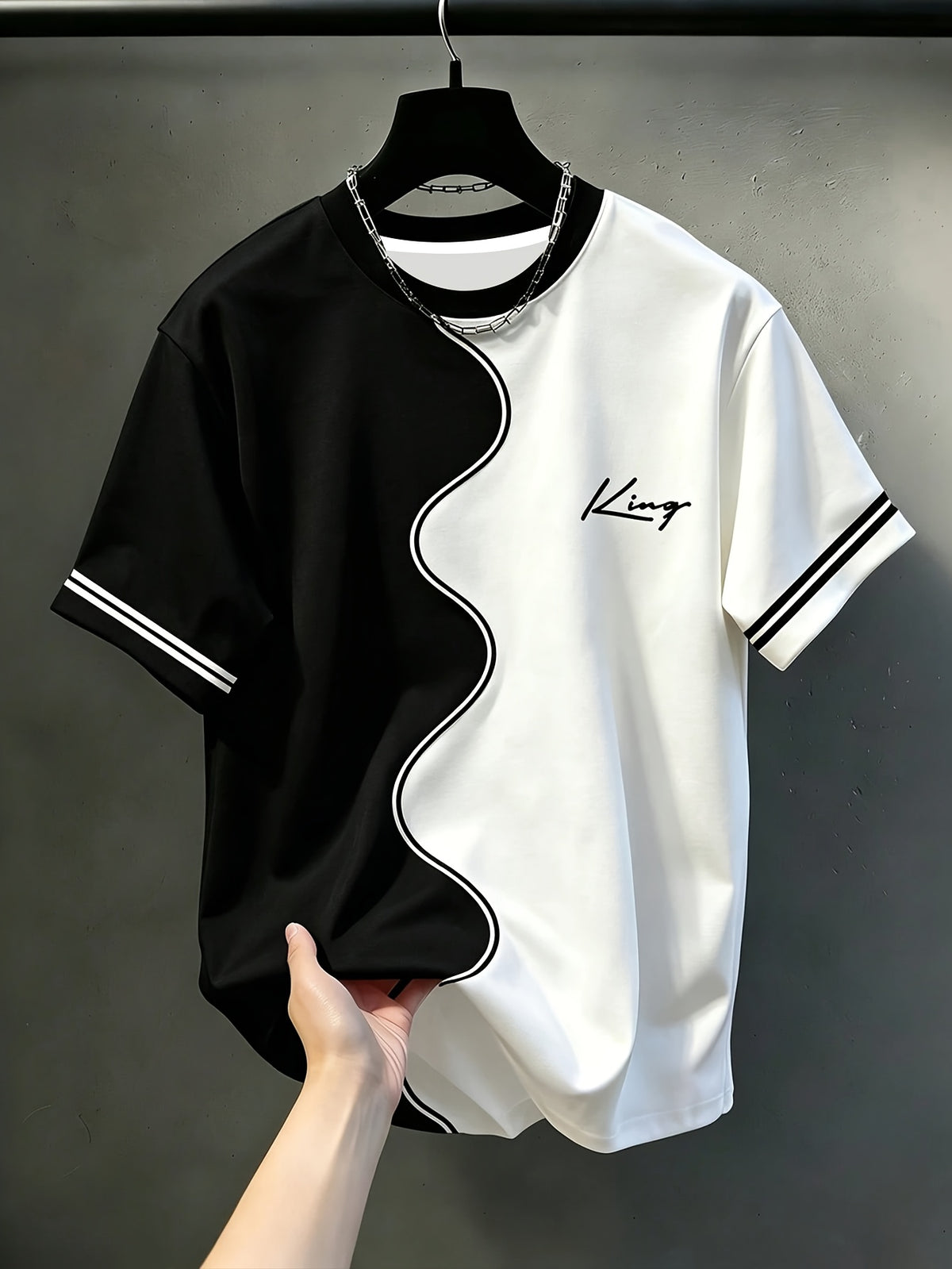 [Printed Design - Non-Textured] Men'S Casual Round Neck T-Shirt, Geometric Pattern Patchwork Striped Design, KING Word Pattern, Drapey Fashion Top, All-Season Wear, Breathable Regular Fit for Casual And Formal Outfits - Round Neck Casual Top - Mixed colors