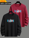 2pcs, 100% Cotton, Men's Heavyweight Long-Sleeve T-Shirt - Soft Breathable Crew Neck Casual Daily Wear, Beige Spring/Autumn Loungewear, Machine Washable - Mix Color 7