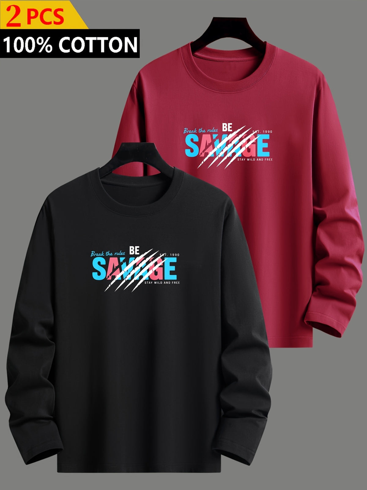 2pcs, 100% Cotton, Men's Heavyweight Long-Sleeve T-Shirt - Soft Breathable Crew Neck Casual Daily Wear, Beige Spring/Autumn Loungewear, Machine Washable - Mix Color 7