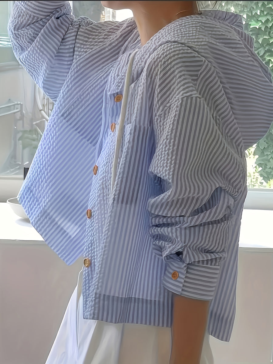 Elegant and Versatile Single-breasted Short Coat, Loose-fitting Vacation Long-sleeve Hooded Shirt for Women - Sky Blue