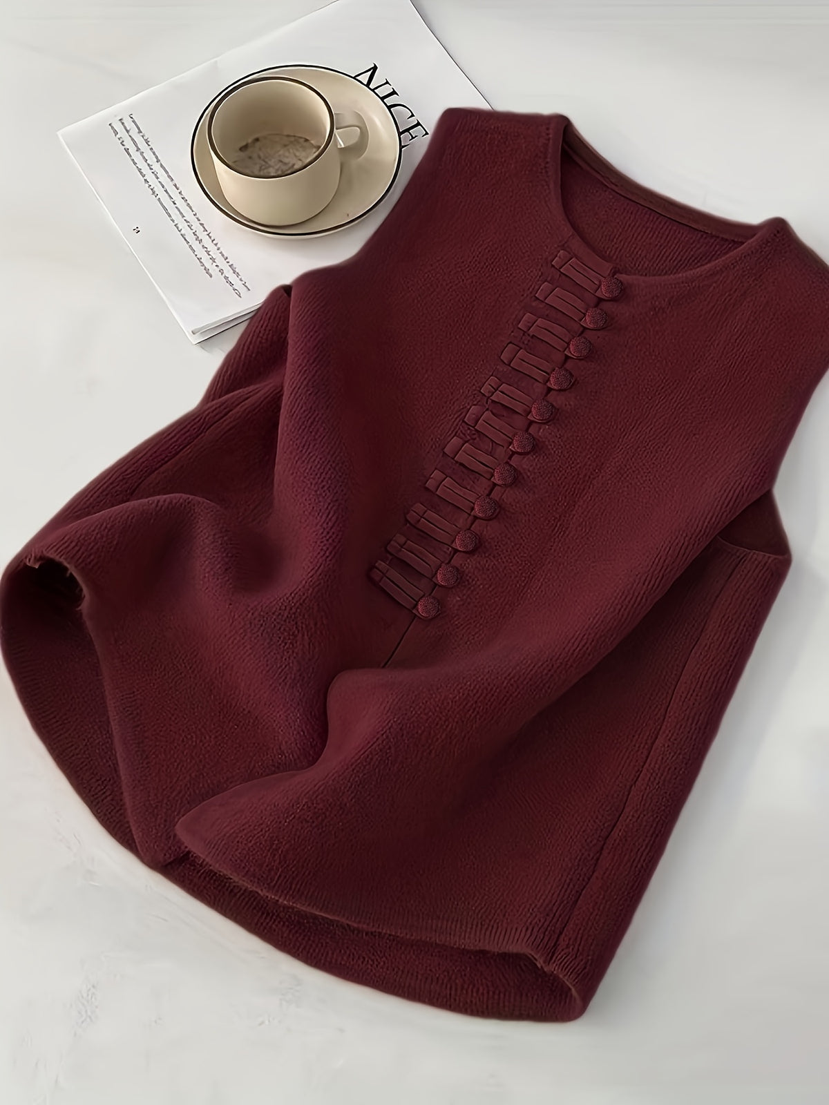 2026 New Women's Spring/Autumn New Chinese-Style Vintage Elegant Casual Solid Color Soft Sweater Vest Outerwear Jacket - Deep Red
