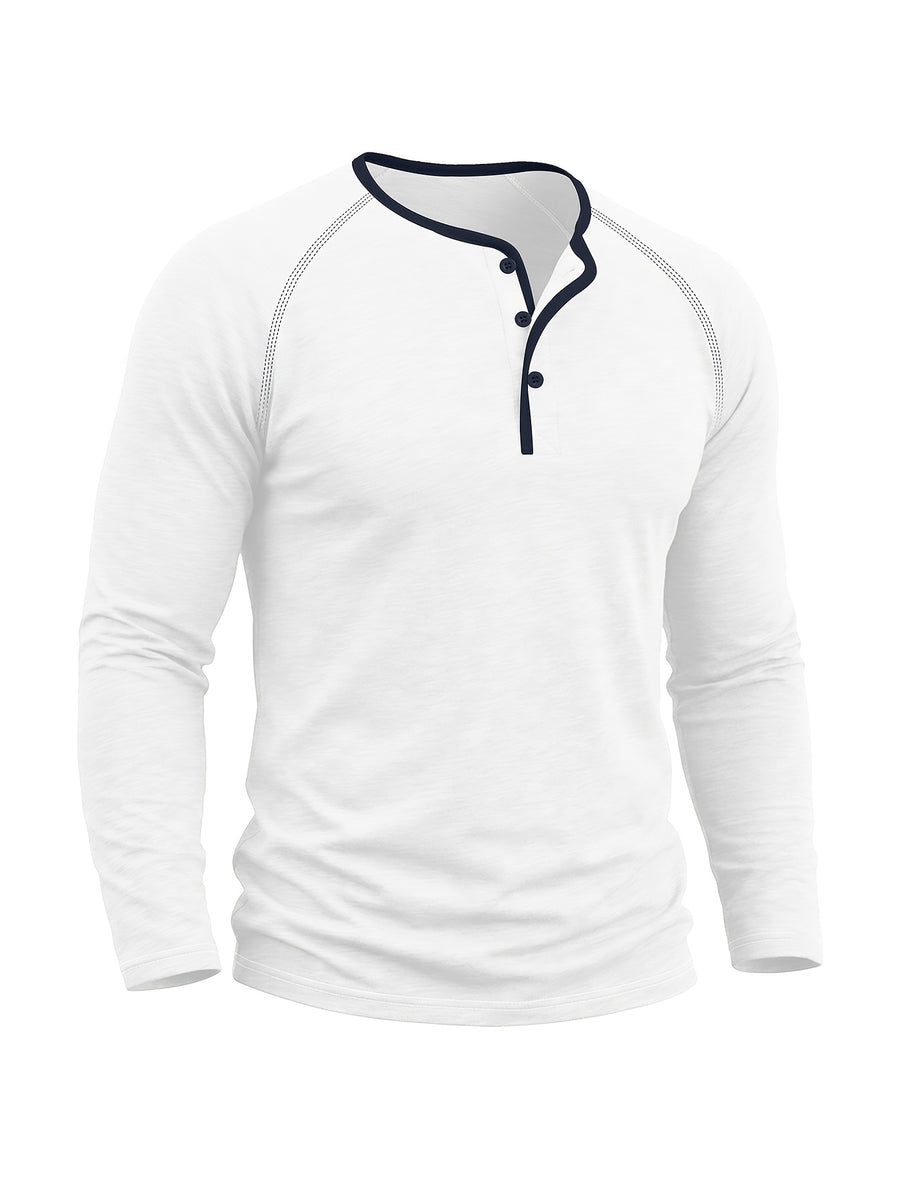Autumn/Winter Cross-Border Men's Long Sleeve Crew Neck Henley Shirt, European and American Style Men's Pullover Base Layer T-Shirt - White